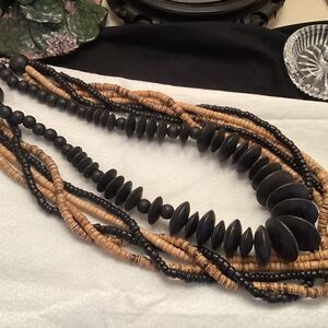 Set of 2 Wooden Bead Necklaces in Tans and Blacks